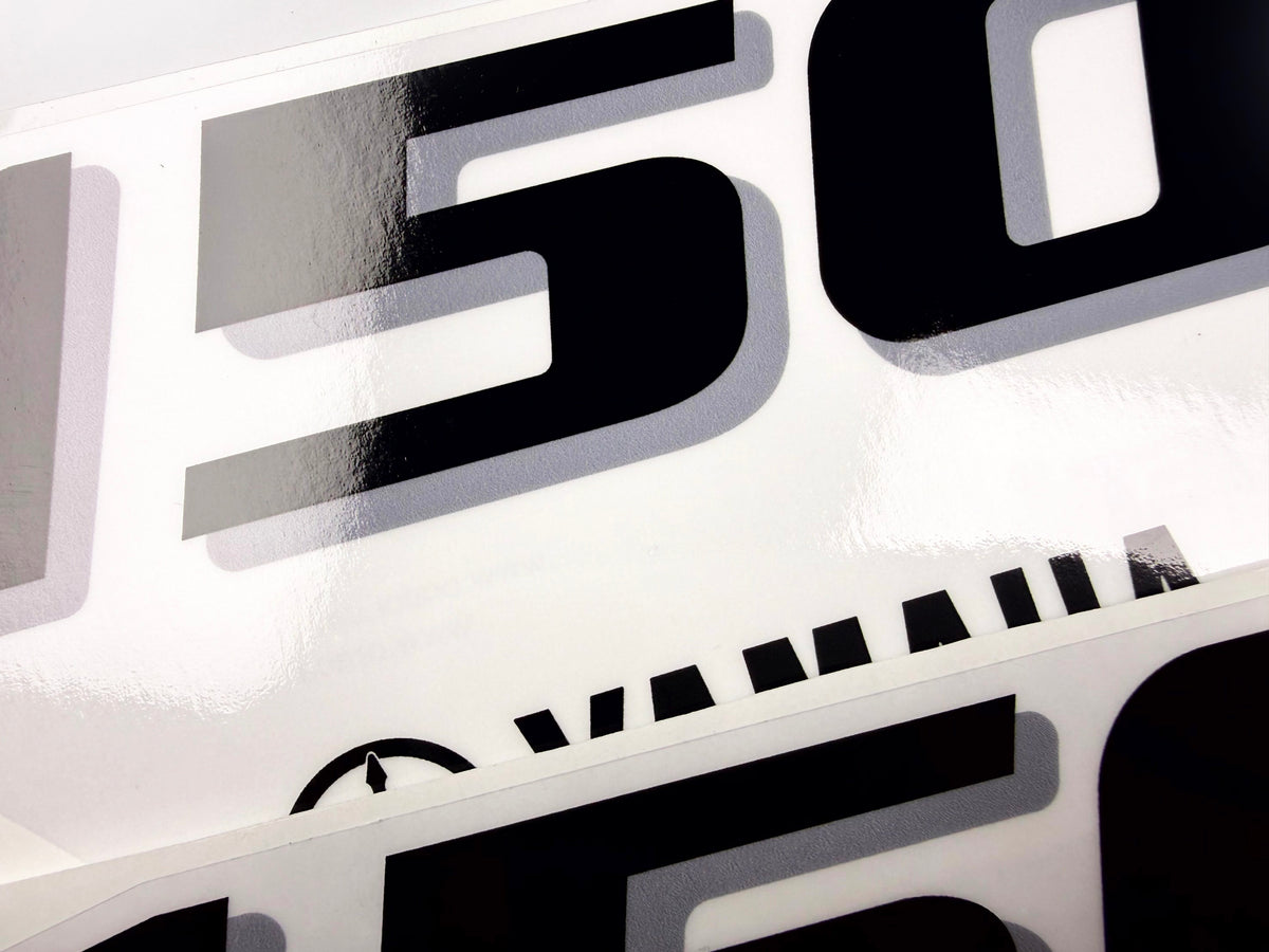 Vinyl black with clear film decals set suitable for Yamaha 150 hp four stroke outboard engine for white cover. Vinyl stickers kit for Yamaha 150 hp four stroke Handmade