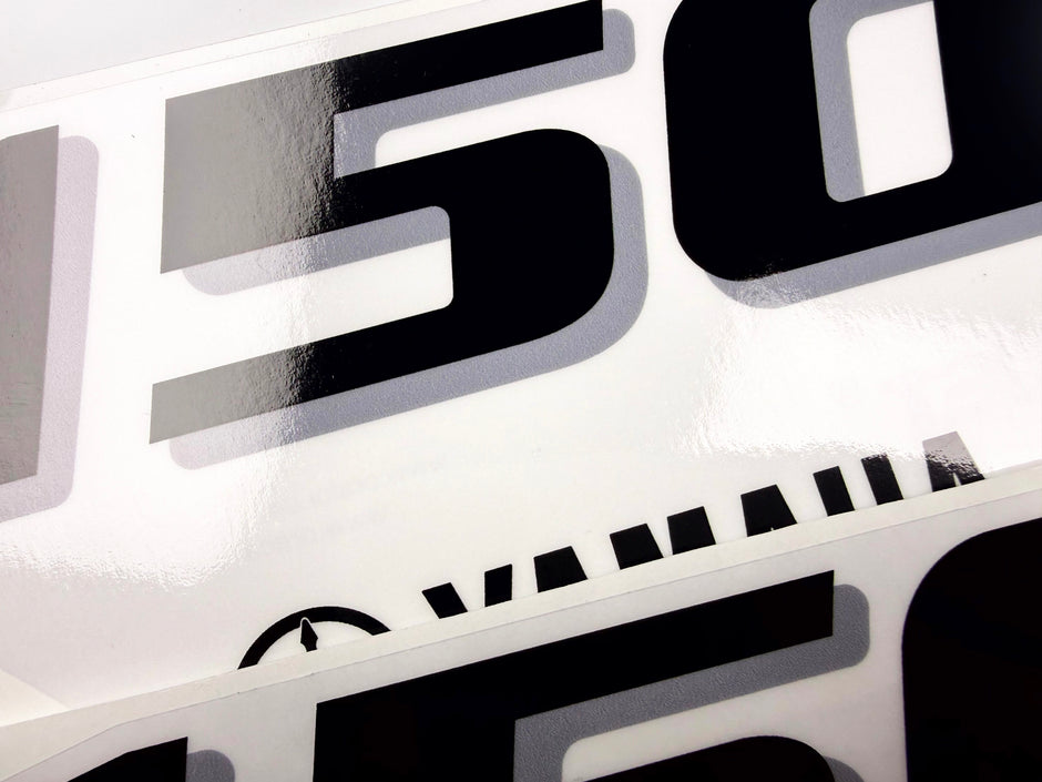 Vinyl black with clear film decals set suitable for Yamaha 150 hp four stroke outboard engine for white cover. Vinyl stickers kit for Yamaha 150 hp four stroke Handmade