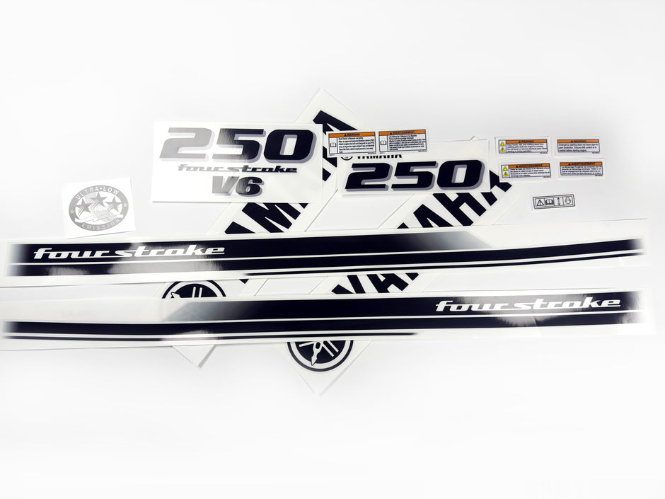 Vinyl black with clear film decals set suitable for Yamaha 250 hp four stroke outboard engine for white cover. Vinyl stickers kit for Yamaha 225 hp four stroke Handmade