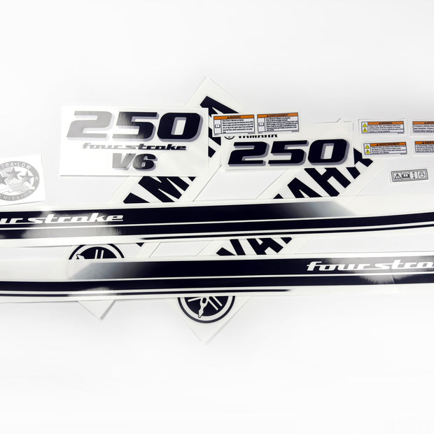 Vinyl black with clear film decals set suitable for Yamaha 250 hp four stroke outboard engine for white cover. Vinyl stickers kit for Yamaha 225 hp four stroke Handmade