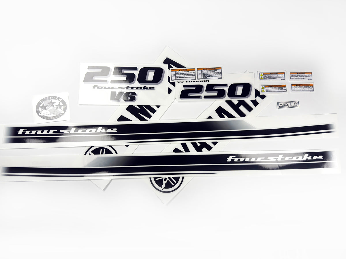 Vinyl black with clear film decals set suitable for Yamaha 250 hp four stroke outboard engine for white cover. Vinyl stickers kit for Yamaha 225 hp four stroke Handmade