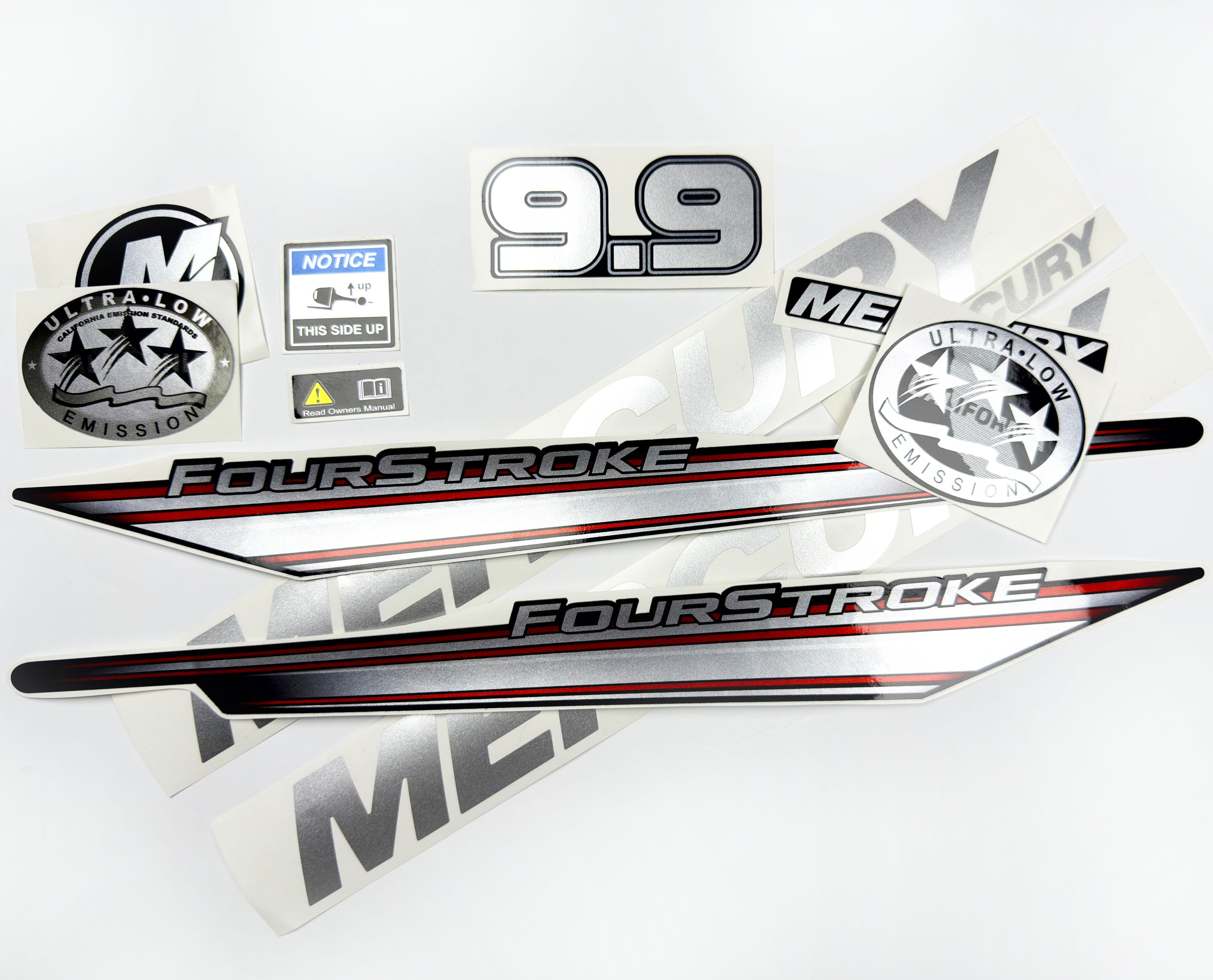 Vinyl graphic silver shimmer decals set suitable for Mercury 9.9 hp four stroke outboard engine. Vinyl silver shimmer stickers kit for Mercury 9.9 hp four stroke Handmade