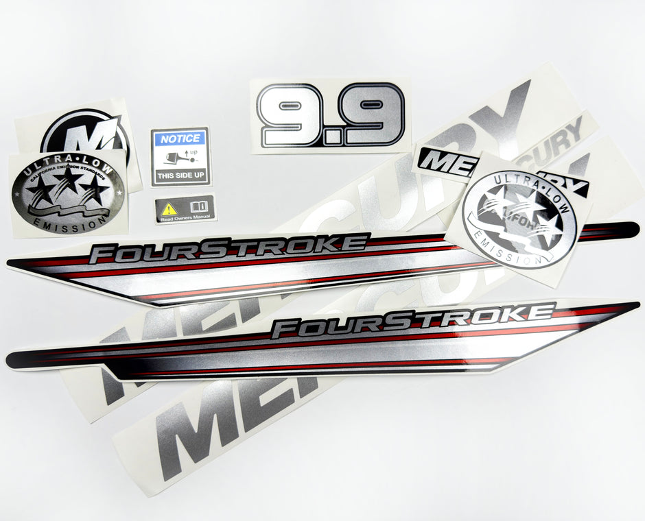 Vinyl graphic silver shimmer decals set suitable for Mercury 9.9 hp four stroke outboard engine. Vinyl silver shimmer stickers kit for Mercury 9.9 hp four stroke Handmade