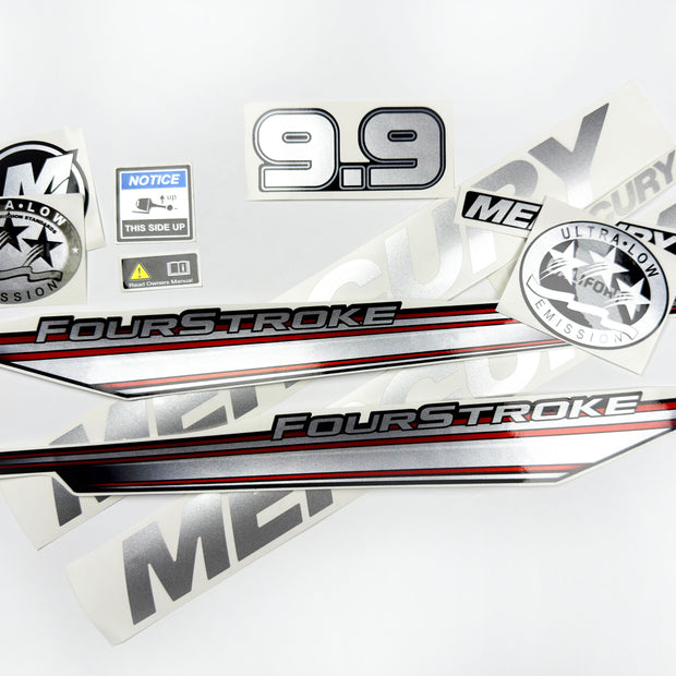Vinyl graphic silver shimmer decals set suitable for Mercury 9.9 hp four stroke outboard engine. Vinyl silver shimmer stickers kit for Mercury 9.9 hp four stroke Handmade