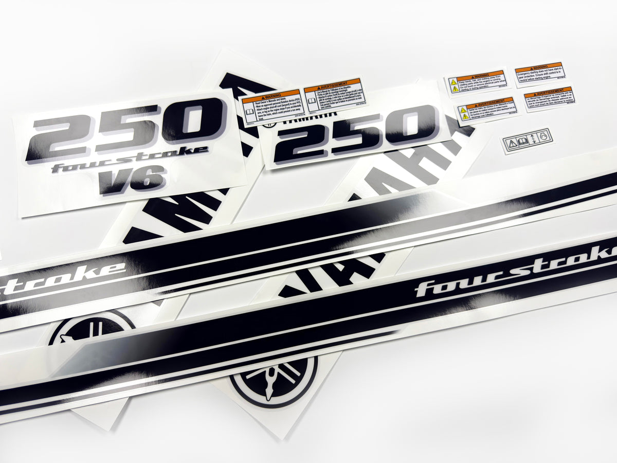 Vinyl black with clear film decals set suitable for Yamaha 250 hp four stroke outboard engine for white cover. Vinyl stickers kit for Yamaha 225 hp four stroke Handmade