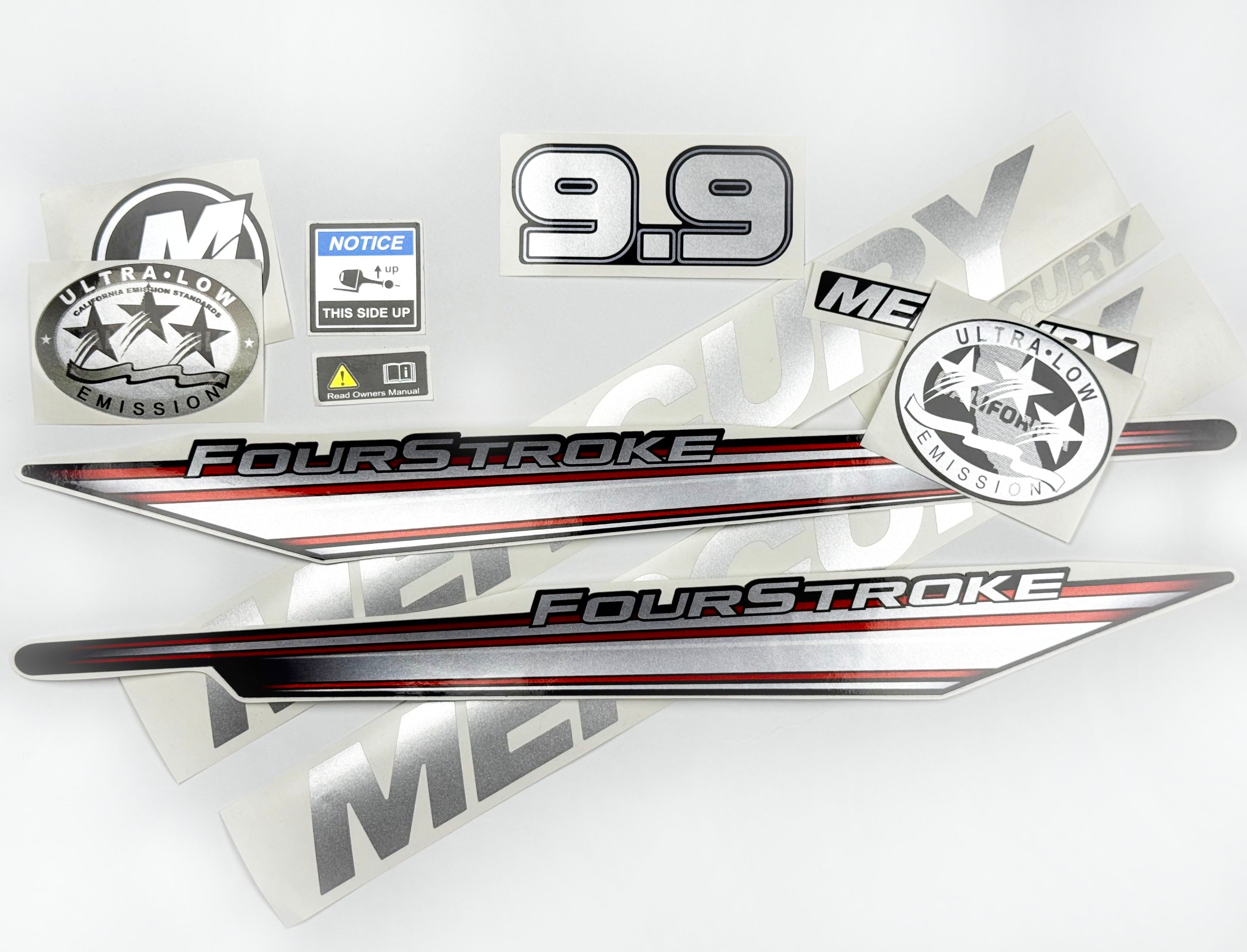 Vinyl graphic silver shimmer decals set suitable for Mercury 9.9 hp four stroke outboard engine. Vinyl silver shimmer stickers kit for Mercury 9.9 hp four stroke Handmade
