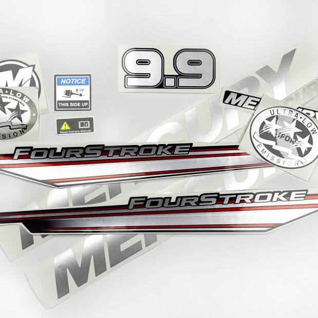 Vinyl graphic silver shimmer decals set suitable for Mercury 9.9 hp four stroke outboard engine. Vinyl silver shimmer stickers kit for Mercury 9.9 hp four stroke Handmade