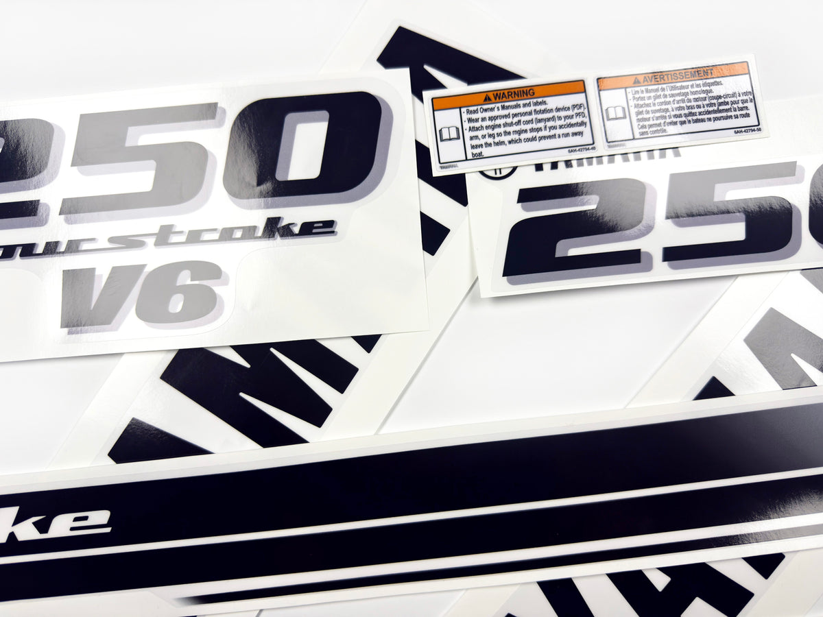 Vinyl black with clear film decals set suitable for Yamaha 250 hp four stroke outboard engine for white cover. Vinyl stickers kit for Yamaha 225 hp four stroke Handmade