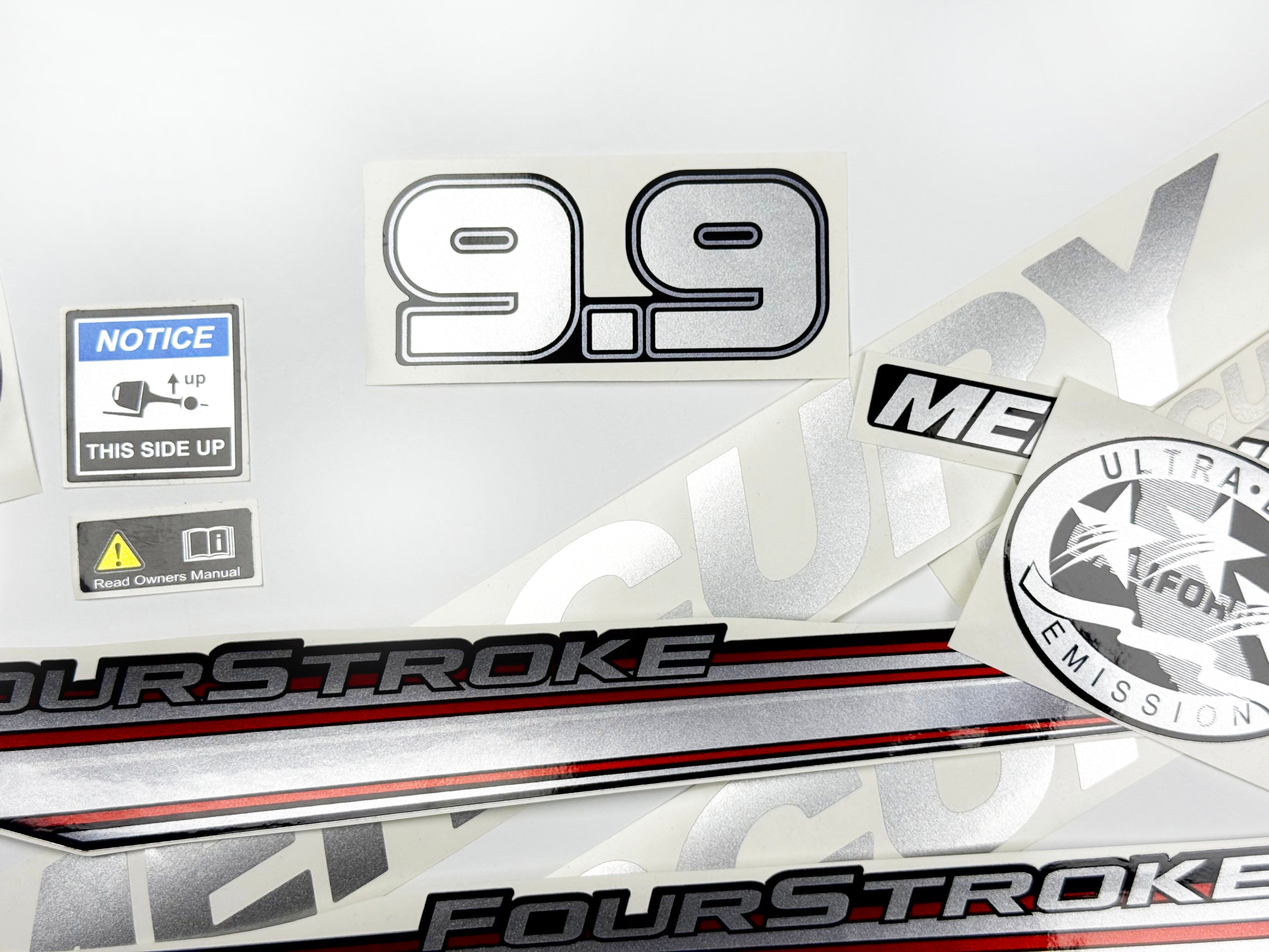 Vinyl graphic silver shimmer decals set suitable for Mercury 9.9 hp four stroke outboard engine. Vinyl silver shimmer stickers kit for Mercury 9.9 hp four stroke Handmade
