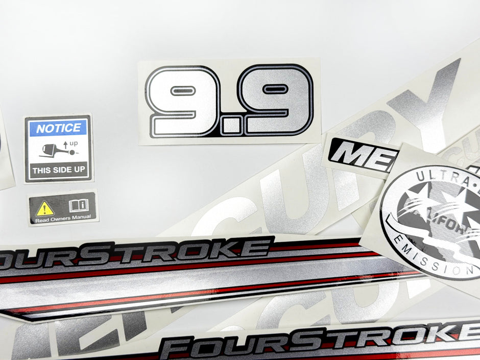 Vinyl graphic silver shimmer decals set suitable for Mercury 9.9 hp four stroke outboard engine. Vinyl silver shimmer stickers kit for Mercury 9.9 hp four stroke Handmade