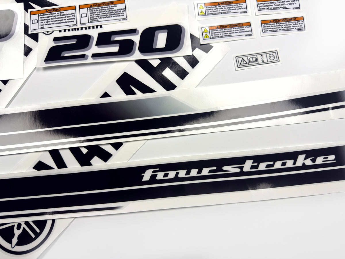 Vinyl black with clear film decals set suitable for Yamaha 250 hp four stroke outboard engine for white cover. Vinyl stickers kit for Yamaha 225 hp four stroke Handmade