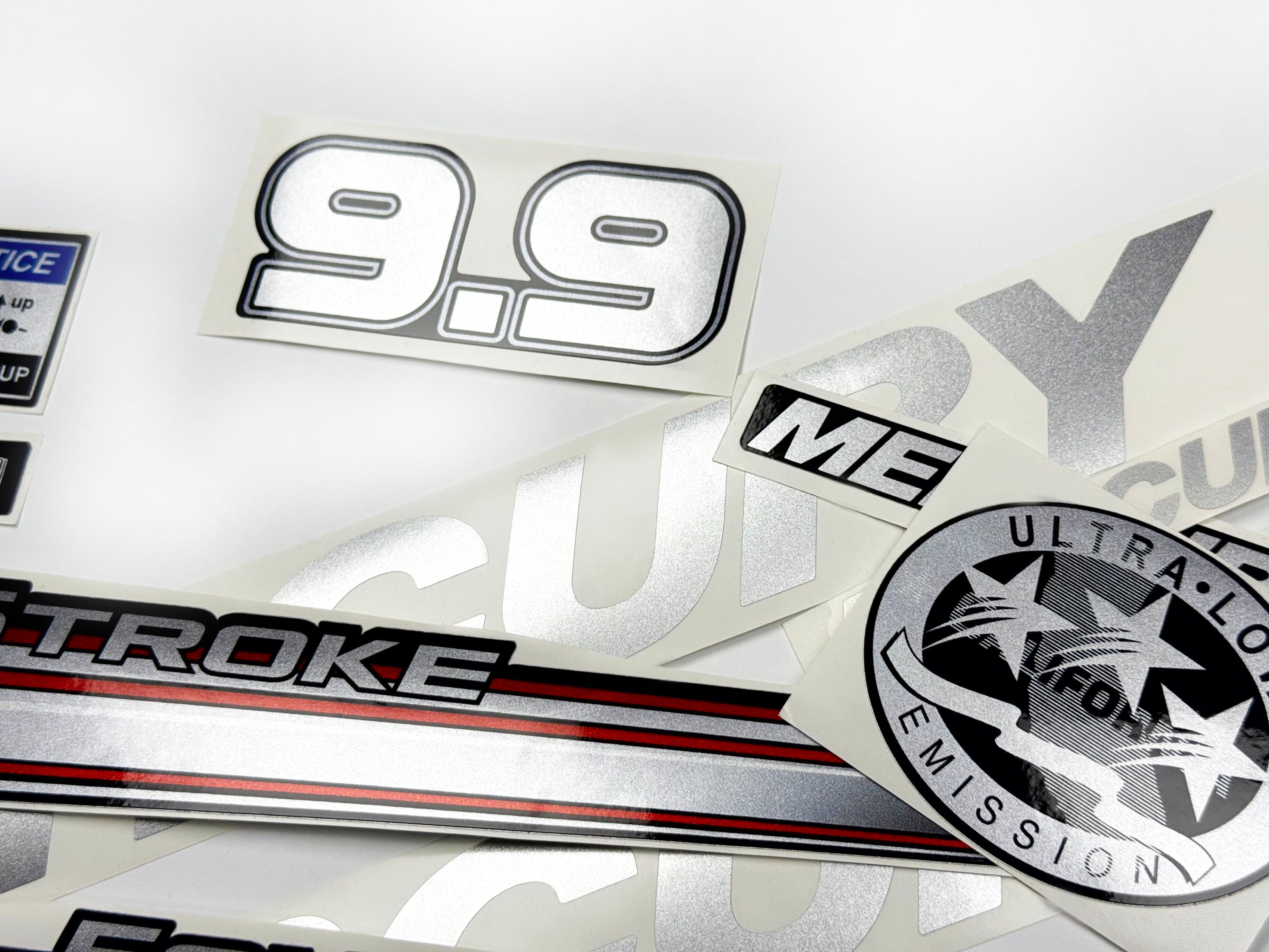 Vinyl graphic silver shimmer decals set suitable for Mercury 9.9 hp four stroke outboard engine. Vinyl silver shimmer stickers kit for Mercury 9.9 hp four stroke Handmade