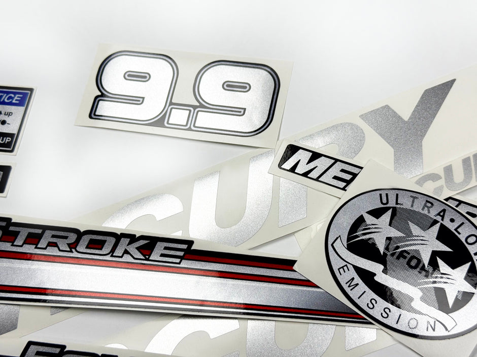 Vinyl graphic silver shimmer decals set suitable for Mercury 9.9 hp four stroke outboard engine. Vinyl silver shimmer stickers kit for Mercury 9.9 hp four stroke Handmade