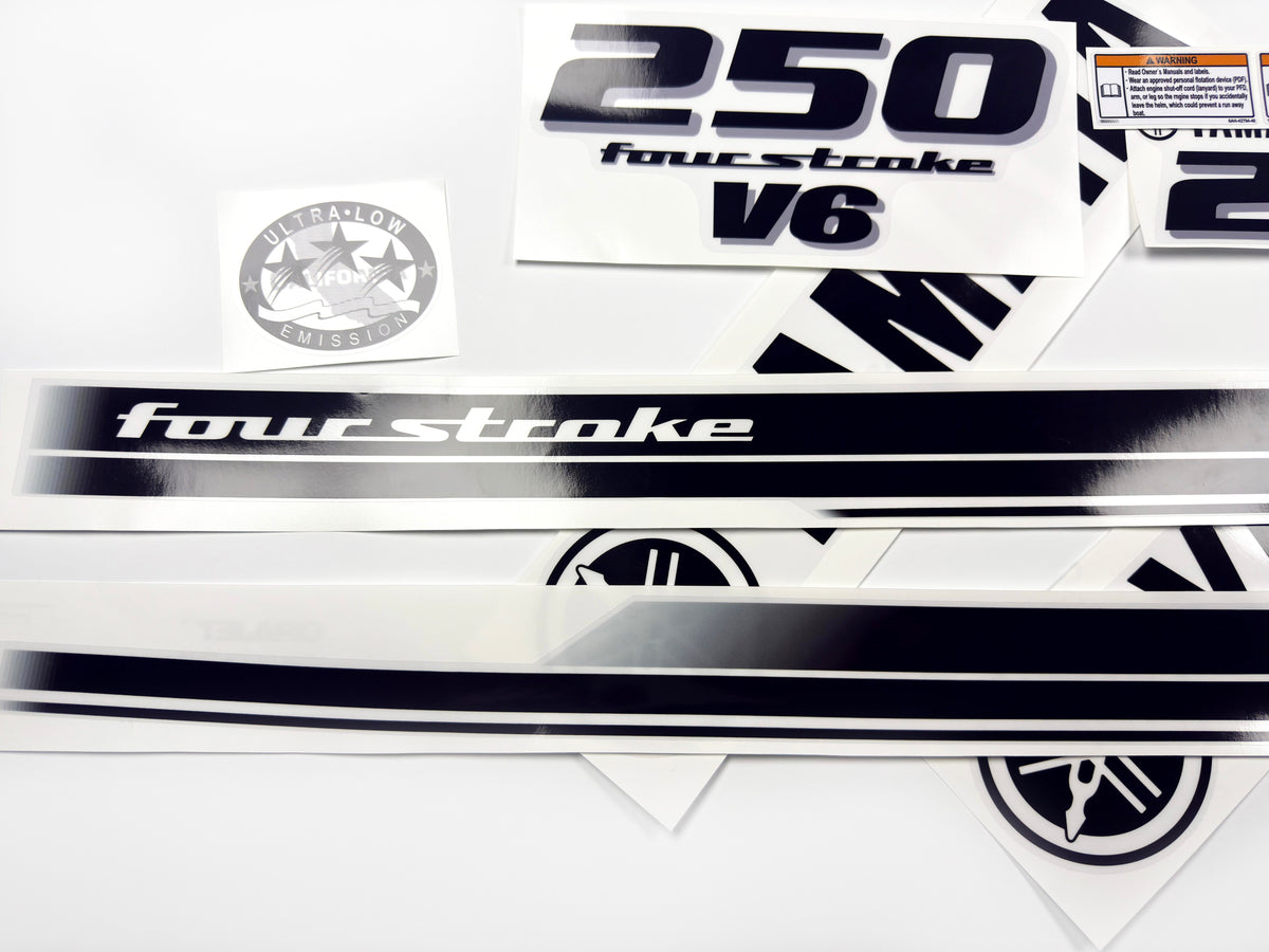 Vinyl black with clear film decals set suitable for Yamaha 250 hp four stroke outboard engine for white cover. Vinyl stickers kit for Yamaha 225 hp four stroke Handmade