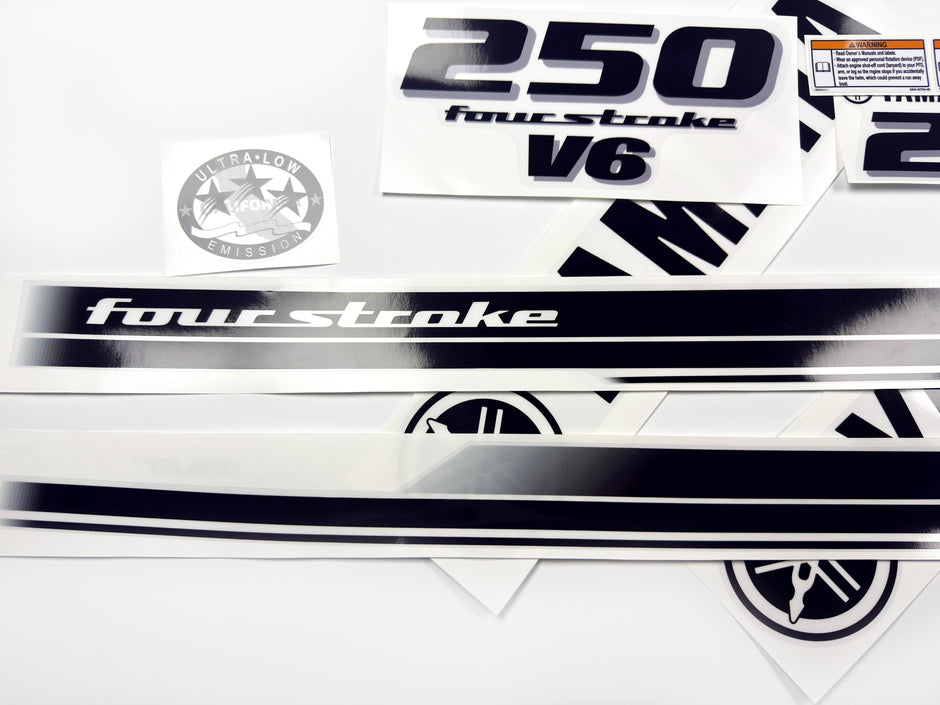 Vinyl black with clear film decals set suitable for Yamaha 250 hp four stroke outboard engine for white cover. Vinyl stickers kit for Yamaha 225 hp four stroke Handmade