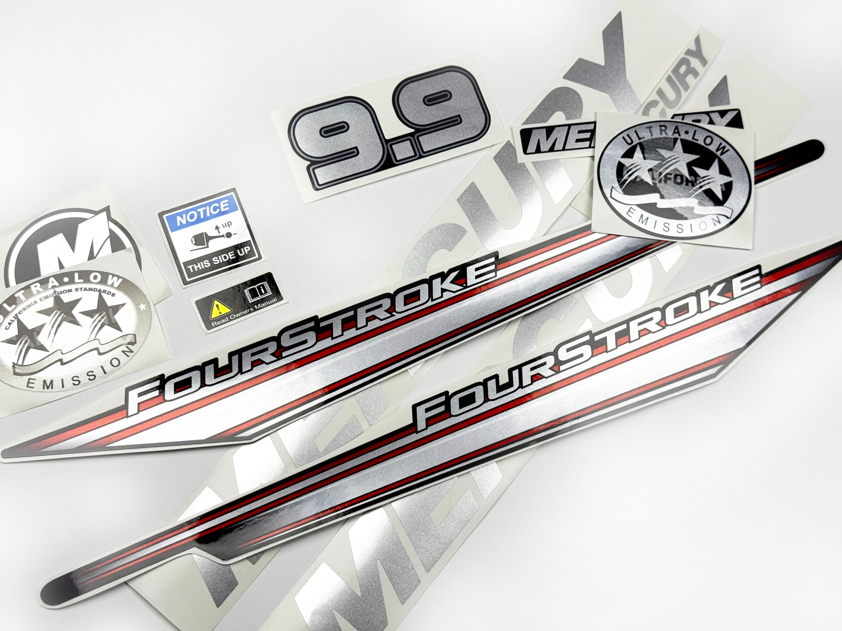 Vinyl graphic silver shimmer decals set suitable for Mercury 9.9 hp four stroke outboard engine. Vinyl silver shimmer stickers kit for Mercury 9.9 hp four stroke Handmade