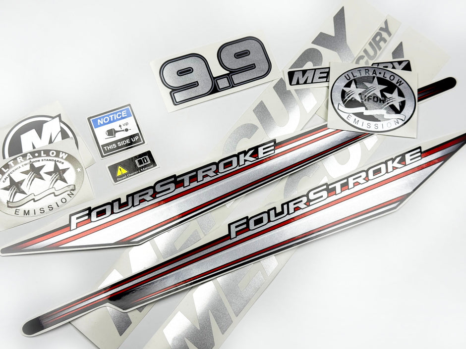 Vinyl graphic silver shimmer decals set suitable for Mercury 9.9 hp four stroke outboard engine. Vinyl silver shimmer stickers kit for Mercury 9.9 hp four stroke Handmade
