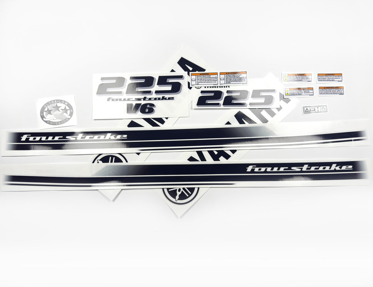 Vinyl black with clear film decals set suitable for Yamaha 225 hp four stroke outboard engine for white cover. Vinyl stickers kit for Yamaha 225 hp four stroke Handmade