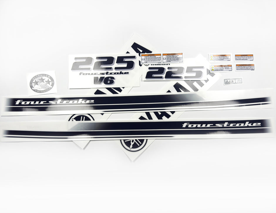Vinyl black with clear film decals set suitable for Yamaha 225 hp four stroke outboard engine for white cover. Vinyl stickers kit for Yamaha 225 hp four stroke Handmade