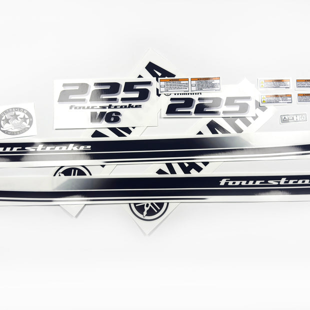Vinyl black with clear film decals set suitable for Yamaha 225 hp four stroke outboard engine for white cover. Vinyl stickers kit for Yamaha 225 hp four stroke Handmade