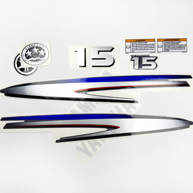 Vinyl graphic decals metalized silver shimmer set suitable for Yamaha 15 hp two stroke outboard engine. Vinyl stickers kit for Yamaha 15 hp two stroke Handmade