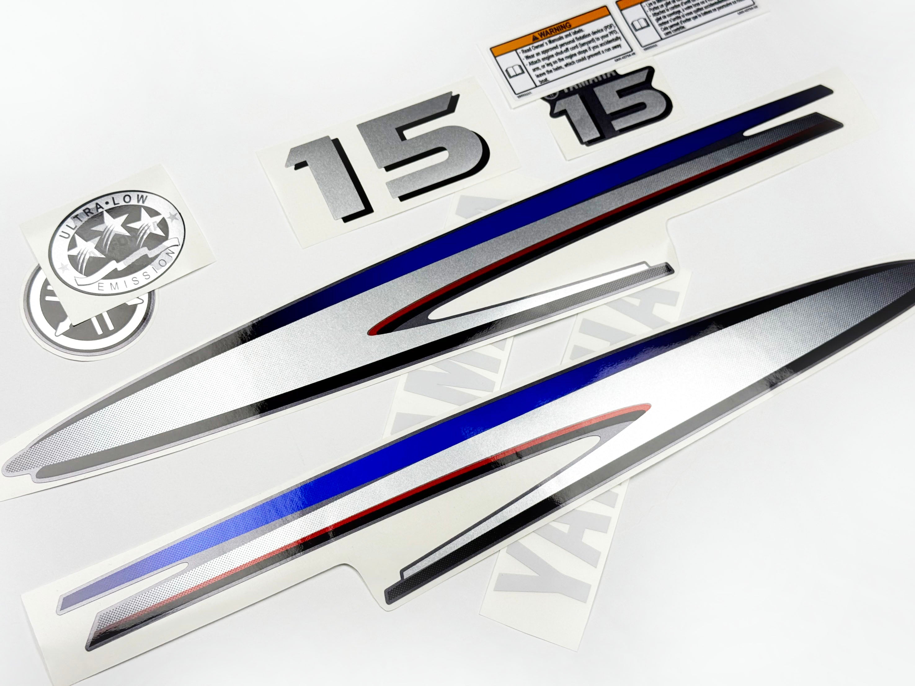 Vinyl graphic decals metalized silver shimmer set suitable for Yamaha 15 hp two stroke outboard engine. Vinyl stickers kit for Yamaha 15 hp two stroke Handmade