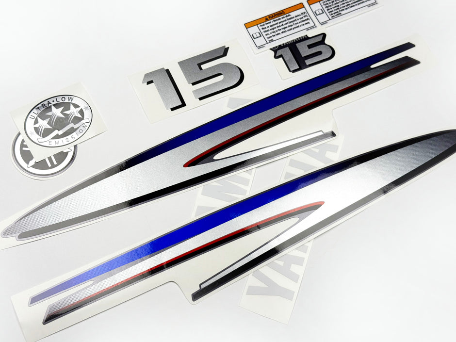 Vinyl graphic decals metalized silver shimmer set suitable for Yamaha 15 hp two stroke outboard engine. Vinyl stickers kit for Yamaha 15 hp two stroke Handmade