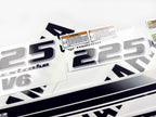 Vinyl black with clear film decals set suitable for Yamaha 225 hp four stroke outboard engine for white cover. Vinyl stickers kit for Yamaha 225 hp four stroke Handmade