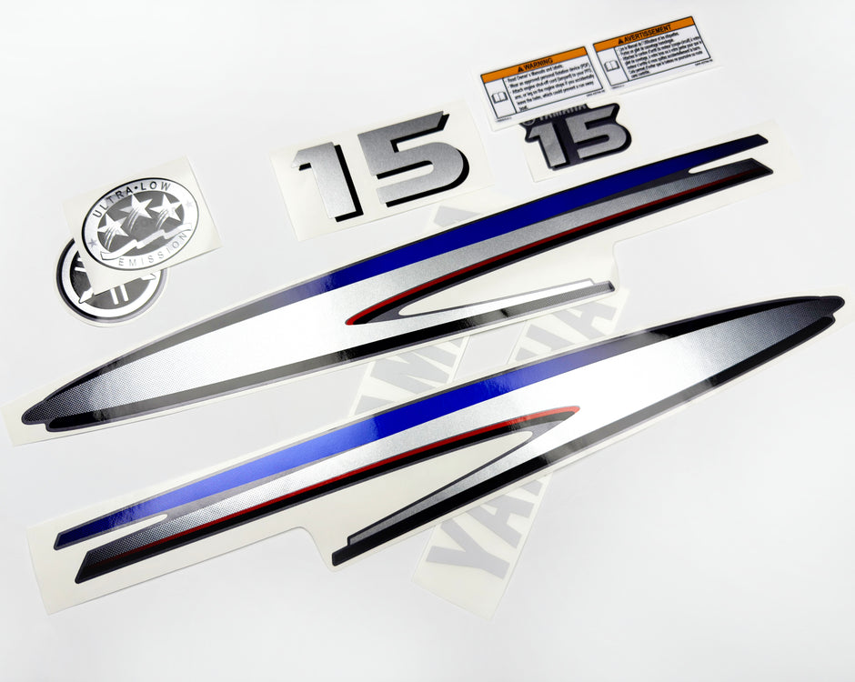 Vinyl graphic decals metalized silver shimmer set suitable for Yamaha 15 hp two stroke outboard engine. Vinyl stickers kit for Yamaha 15 hp two stroke Handmade