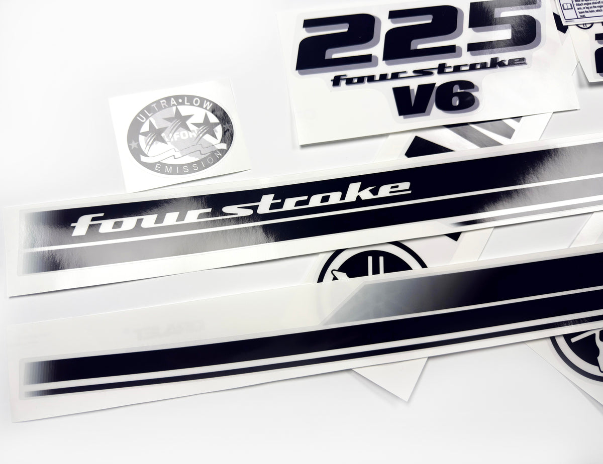 Vinyl black with clear film decals set suitable for Yamaha 225 hp four stroke outboard engine for white cover. Vinyl stickers kit for Yamaha 225 hp four stroke Handmade
