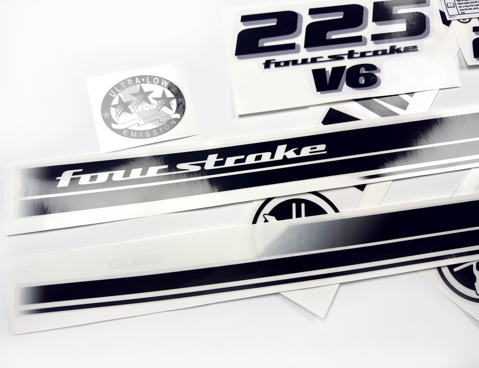 Vinyl black with clear film decals set suitable for Yamaha 225 hp four stroke outboard engine for white cover. Vinyl stickers kit for Yamaha 225 hp four stroke Handmade