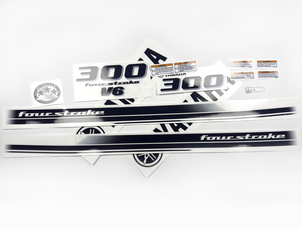 Vinyl black with clear film decals set suitable for Yamaha 300 hp four stroke outboard engine for white cover. Vinyl stickers kit for Yamaha 300 hp four stroke Handmade