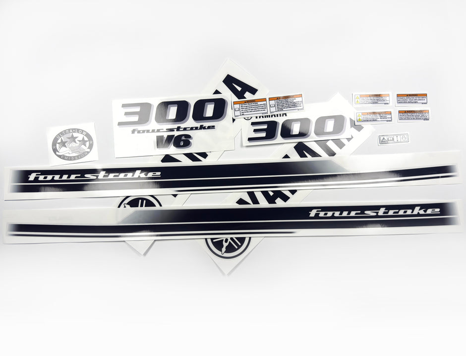 Vinyl black with clear film decals set suitable for Yamaha 300 hp four stroke outboard engine for white cover. Vinyl stickers kit for Yamaha 300 hp four stroke Handmade