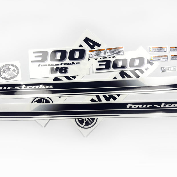 Vinyl black with clear film decals set suitable for Yamaha 300 hp four stroke outboard engine for white cover. Vinyl stickers kit for Yamaha 300 hp four stroke Handmade