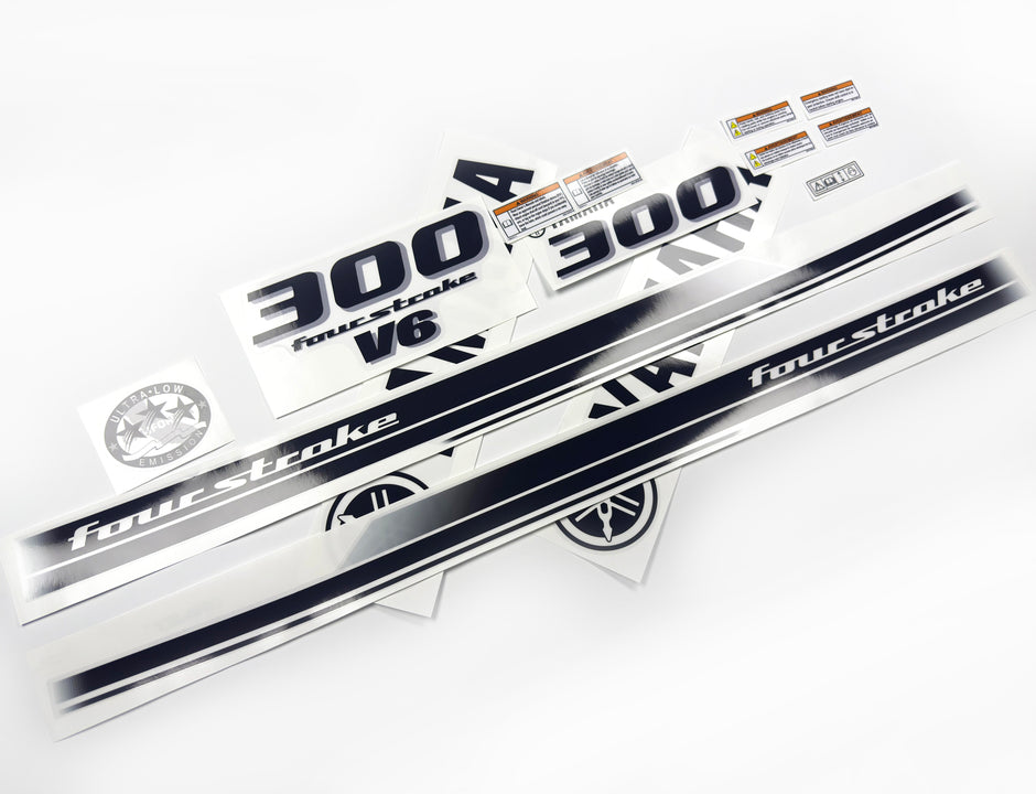 Vinyl black with clear film decals set suitable for Yamaha 300 hp four stroke outboard engine for white cover. Vinyl stickers kit for Yamaha 300 hp four stroke Handmade
