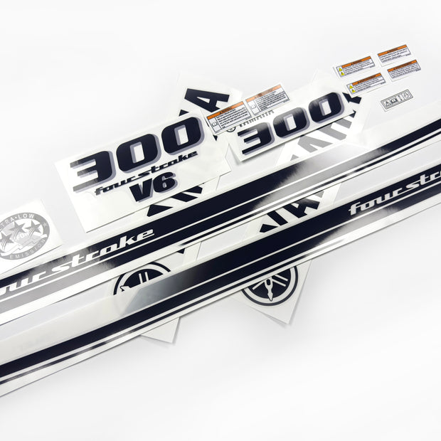 Vinyl black with clear film decals set suitable for Yamaha 300 hp four stroke outboard engine for white cover. Vinyl stickers kit for Yamaha 300 hp four stroke Handmade
