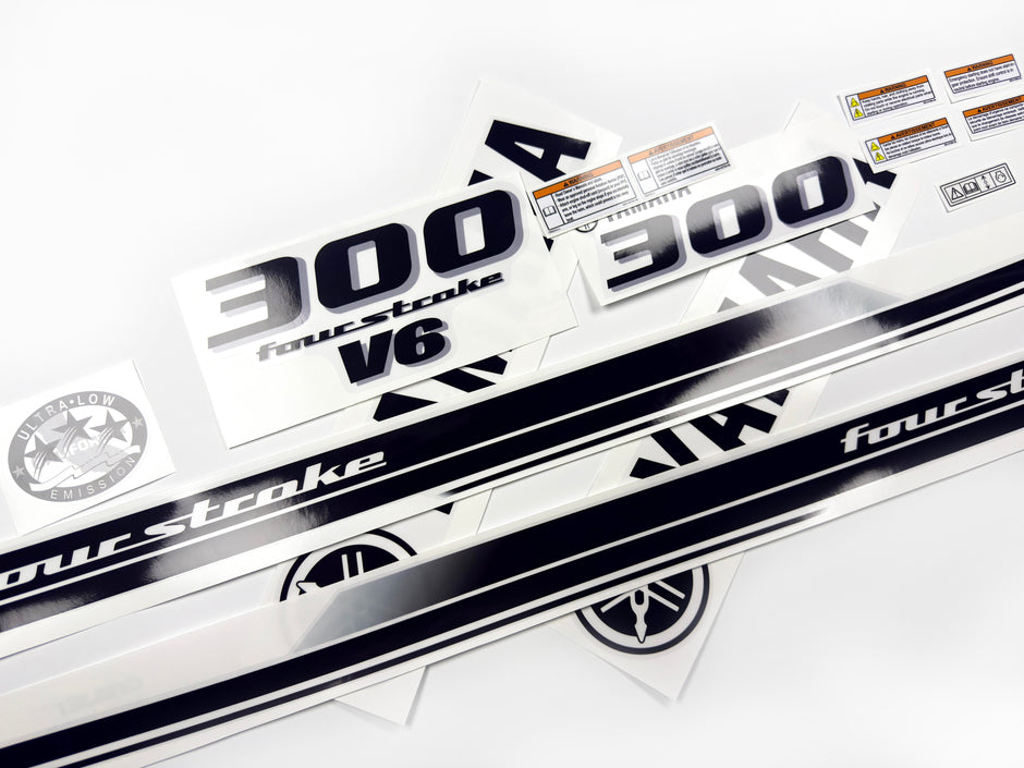 Vinyl black with clear film decals set suitable for Yamaha 300 hp four stroke outboard engine for white cover. Vinyl stickers kit for Yamaha 300 hp four stroke Handmade