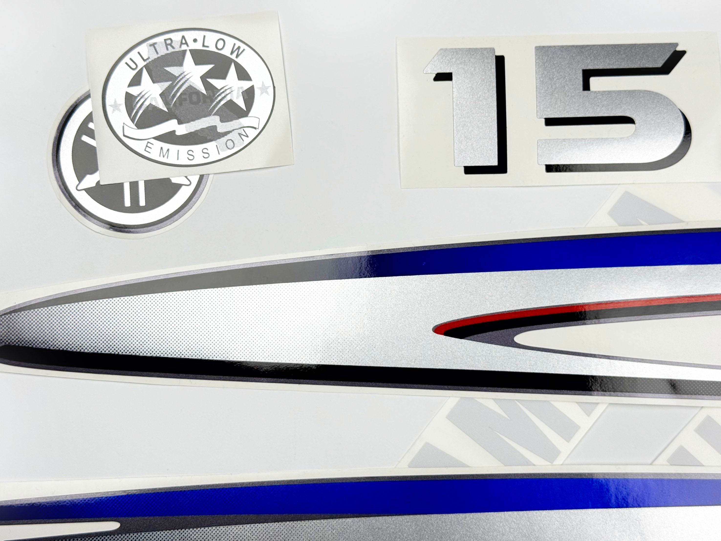 Vinyl graphic decals metalized silver shimmer set suitable for Yamaha 15 hp two stroke outboard engine. Vinyl stickers kit for Yamaha 15 hp two stroke Handmade