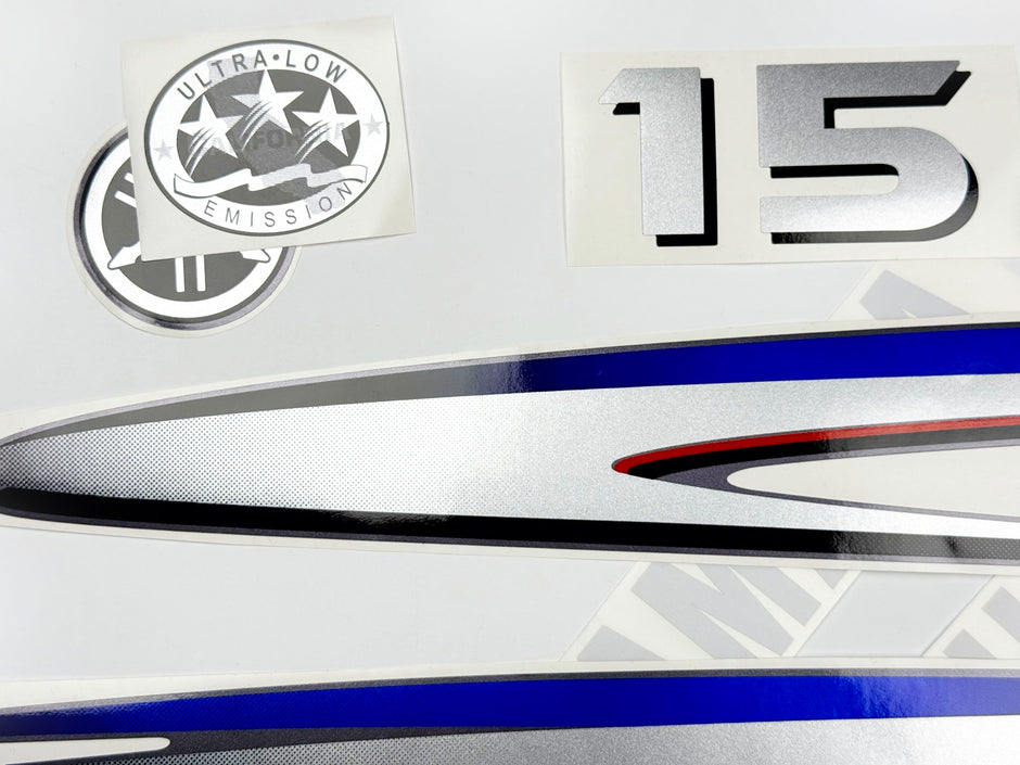 Vinyl graphic decals metalized silver shimmer set suitable for Yamaha 15 hp two stroke outboard engine. Vinyl stickers kit for Yamaha 15 hp two stroke Handmade