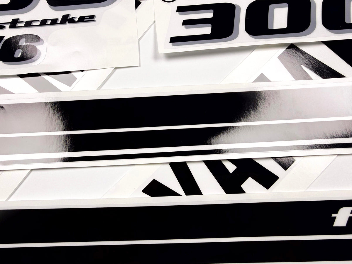 Vinyl black with clear film decals set suitable for Yamaha 300 hp four stroke outboard engine for white cover. Vinyl stickers kit for Yamaha 300 hp four stroke Handmade