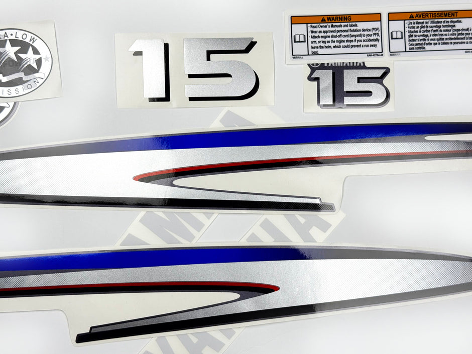 Vinyl graphic decals metalized silver shimmer set suitable for Yamaha 15 hp two stroke outboard engine. Vinyl stickers kit for Yamaha 15 hp two stroke Handmade