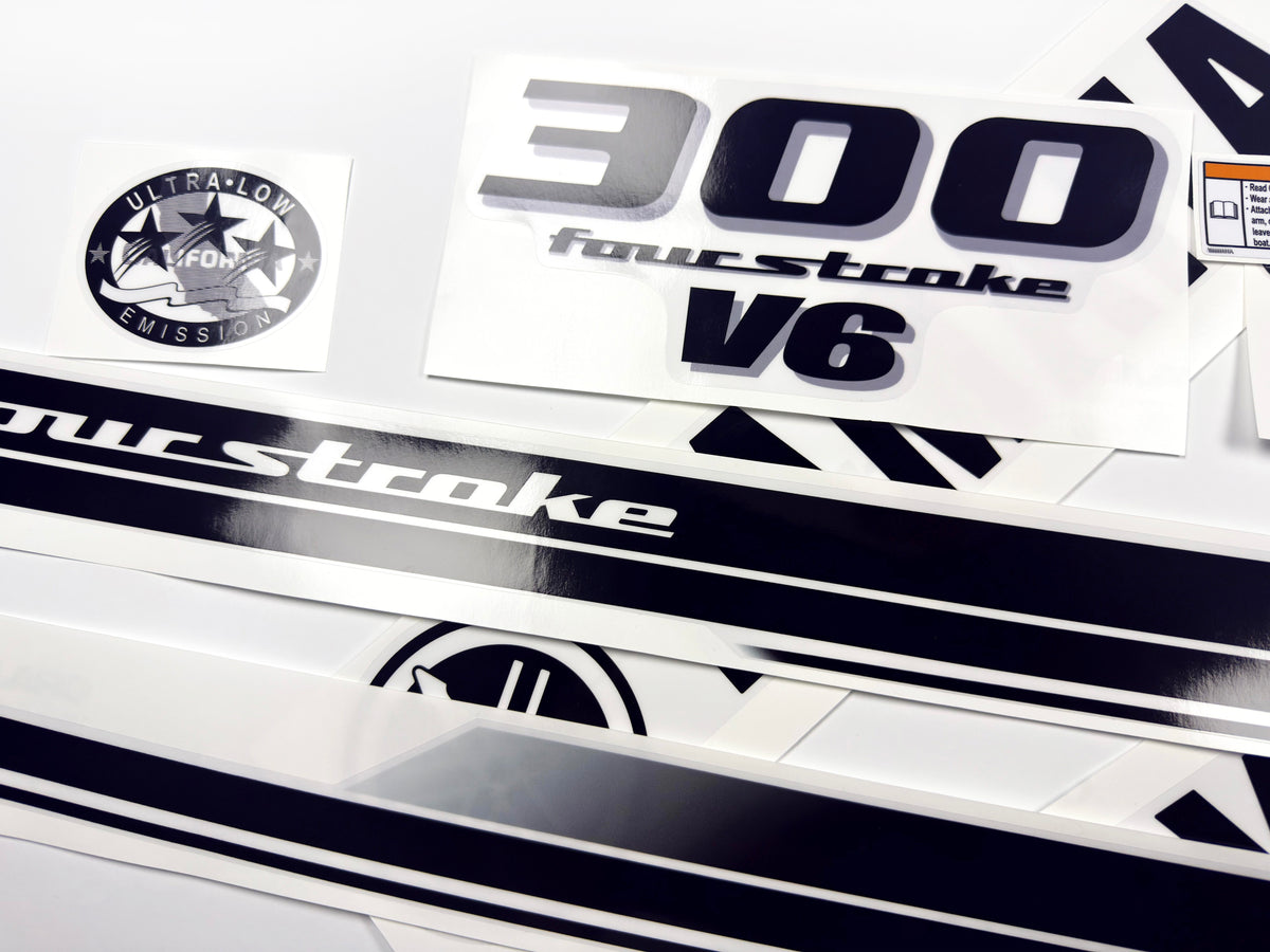 Vinyl black with clear film decals set suitable for Yamaha 300 hp four stroke outboard engine for white cover. Vinyl stickers kit for Yamaha 300 hp four stroke Handmade