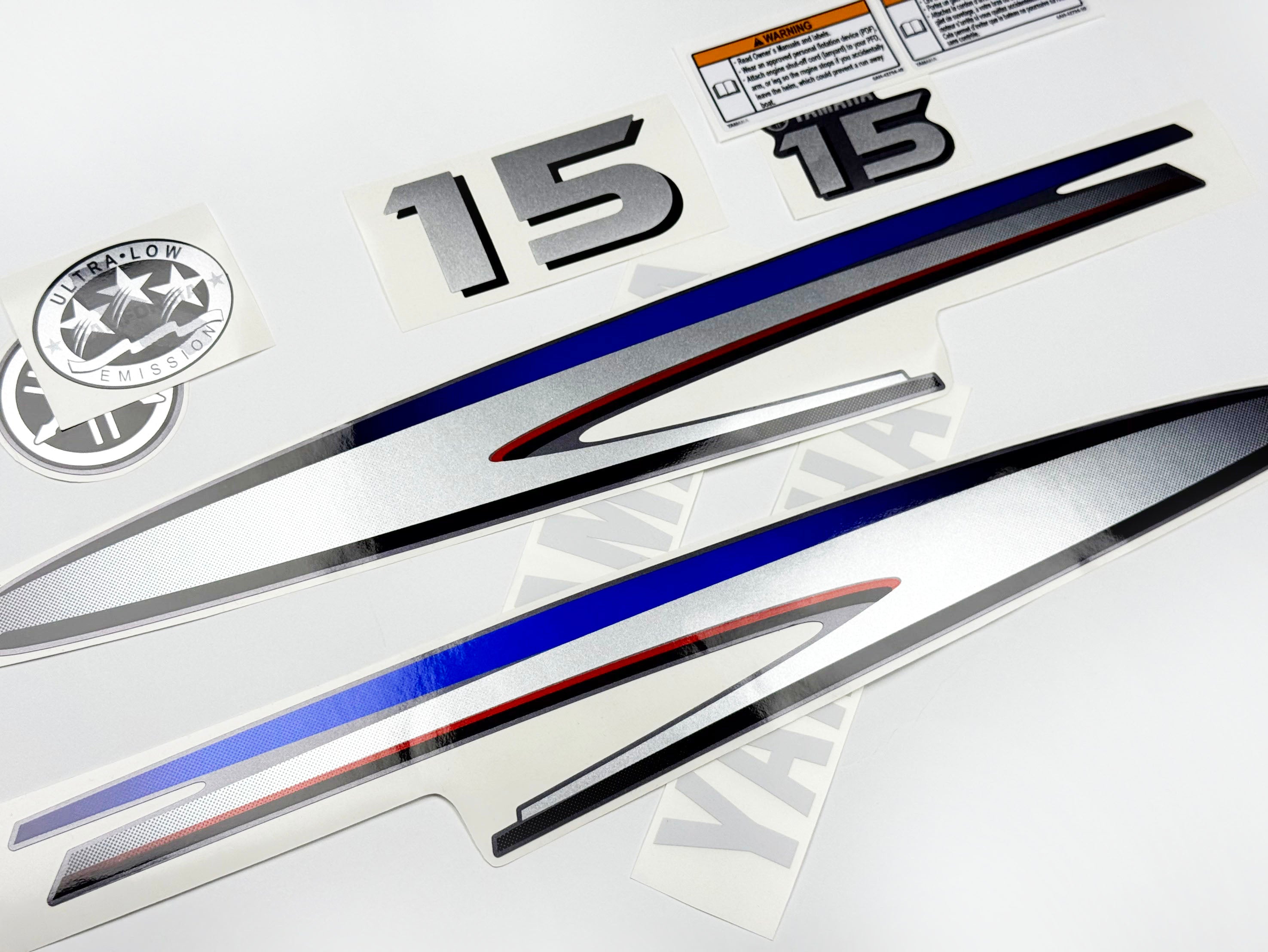 Vinyl graphic decals metalized silver shimmer set suitable for Yamaha 15 hp two stroke outboard engine. Vinyl stickers kit for Yamaha 15 hp two stroke Handmade