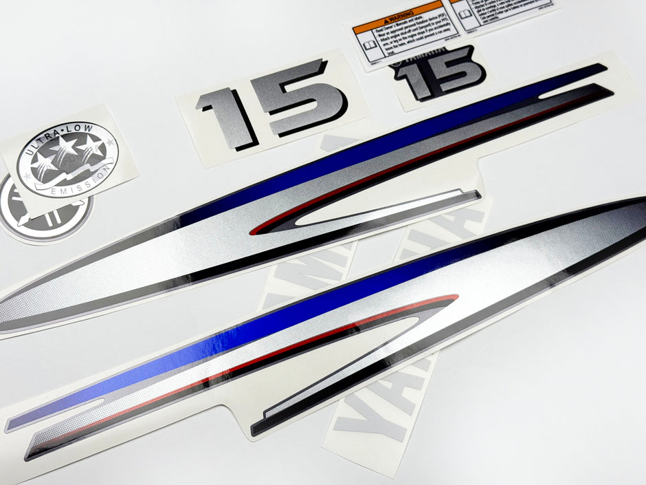 Vinyl graphic decals metalized silver shimmer set suitable for Yamaha 15 hp two stroke outboard engine. Vinyl stickers kit for Yamaha 15 hp two stroke Handmade