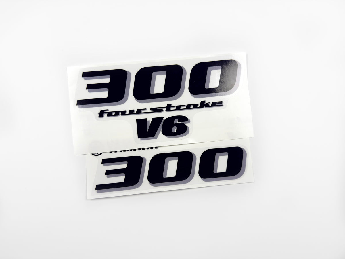 Vinyl black with clear film decals set suitable for Yamaha 300 hp four stroke outboard engine for white cover. Vinyl stickers kit for Yamaha 300 hp four stroke Handmade