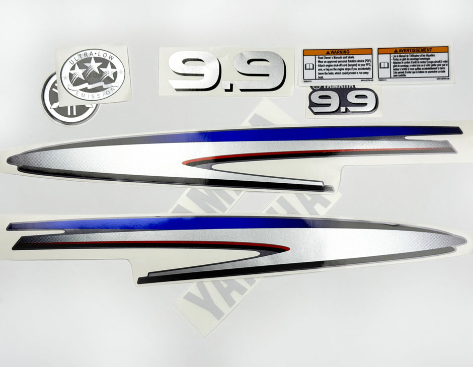 Vinyl graphic decals metalized silver shimmer set suitable for Yamaha 9.9 hp two stroke outboard engine. Vinyl stickers kit for Yamaha 9.9 hp two stroke Handmade