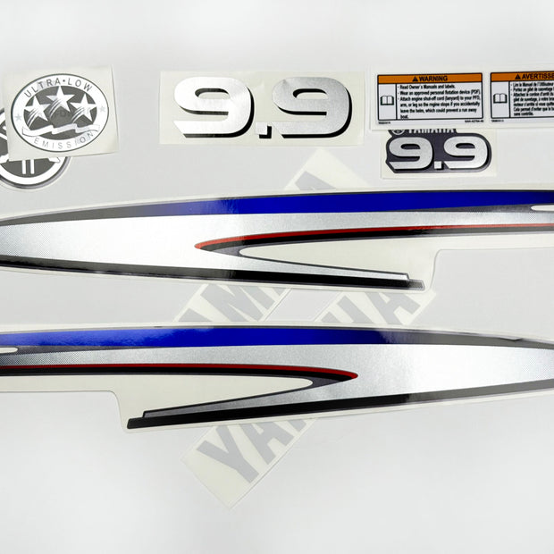 Vinyl graphic decals metalized silver shimmer set suitable for Yamaha 9.9 hp two stroke outboard engine. Vinyl stickers kit for Yamaha 9.9 hp two stroke Handmade