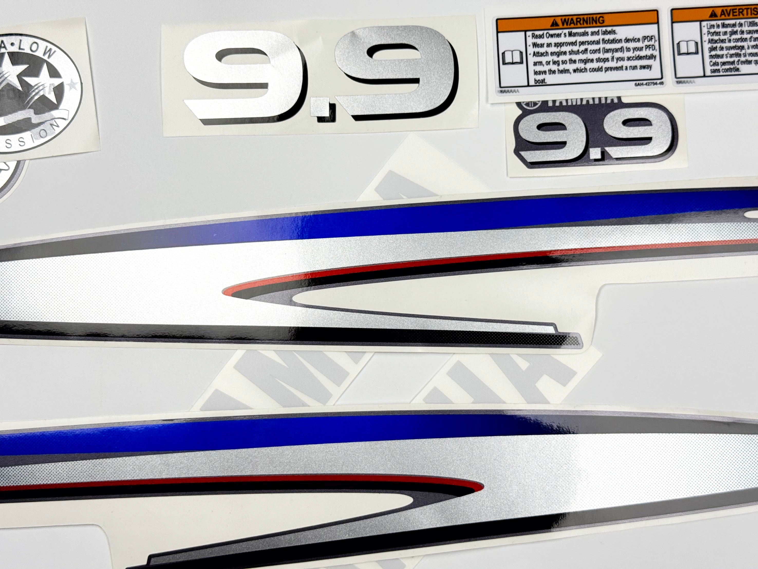 Vinyl graphic decals metalized silver shimmer set suitable for Yamaha 9.9 hp two stroke outboard engine. Vinyl stickers kit for Yamaha 9.9 hp two stroke Handmade