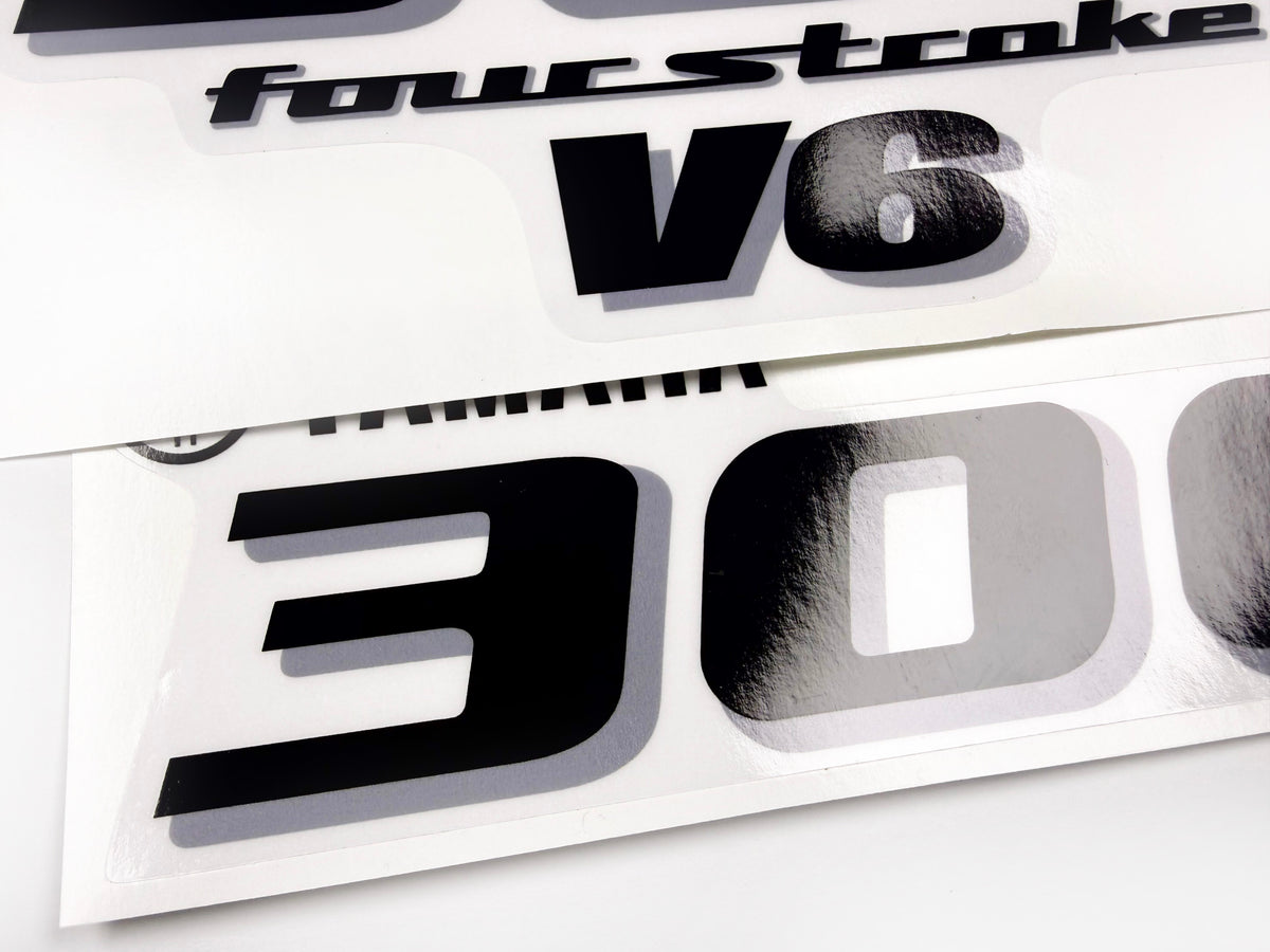 Vinyl black with clear film decals set suitable for Yamaha 300 hp four stroke outboard engine for white cover. Vinyl stickers kit for Yamaha 300 hp four stroke Handmade