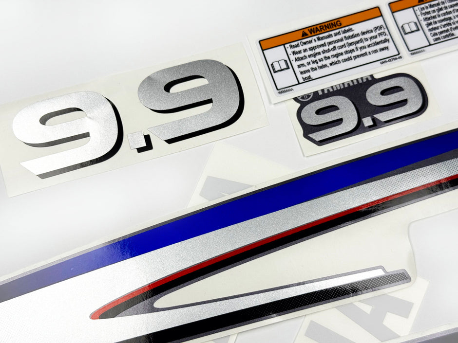 Vinyl graphic decals metalized silver shimmer set suitable for Yamaha 9.9 hp two stroke outboard engine. Vinyl stickers kit for Yamaha 9.9 hp two stroke Handmade